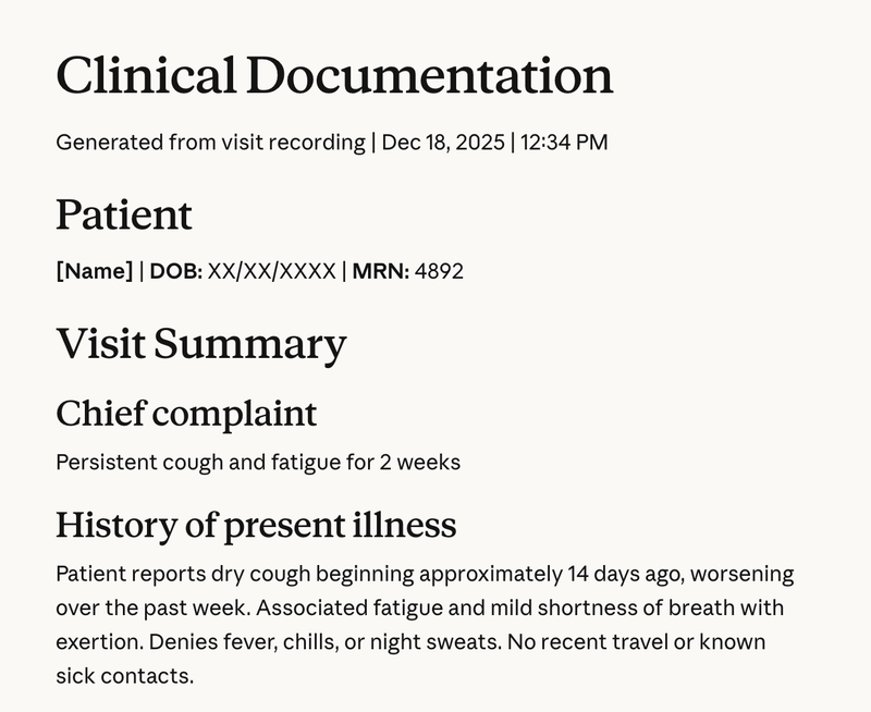Screenshot of the Claude for Healthcare AI assistant interface: Ambient Scribing
