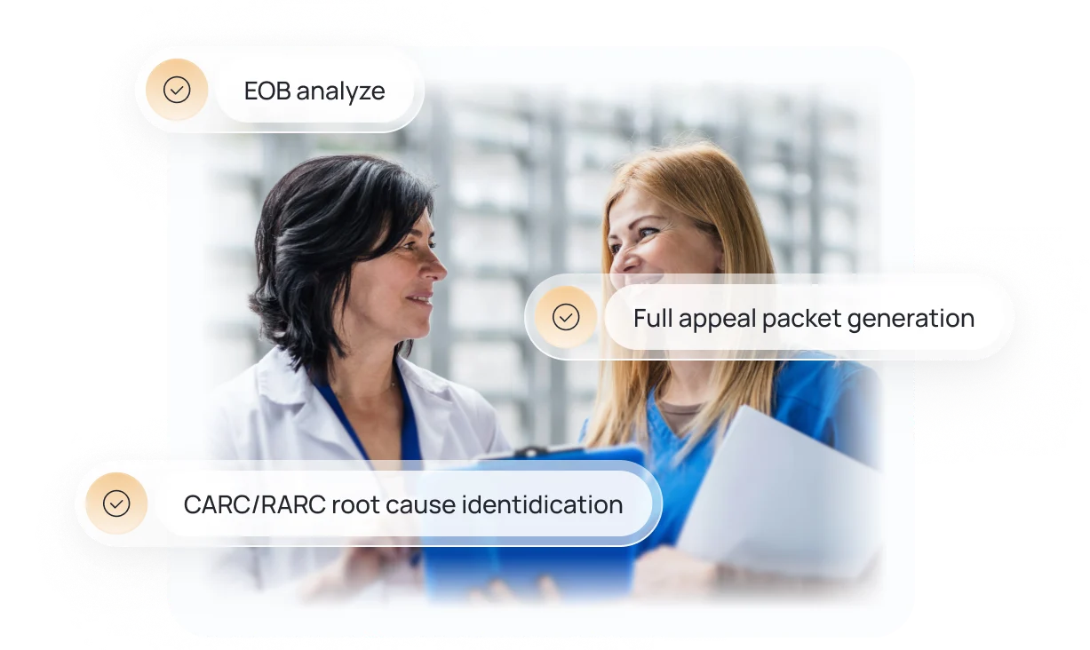 Two healthcare professionals, one in white coat and one in blue scrubs, discussing with floating labels showing 'EOB analyze,' 'Full appeal packet generation,' and 'CARC/RARC root cause identification.'