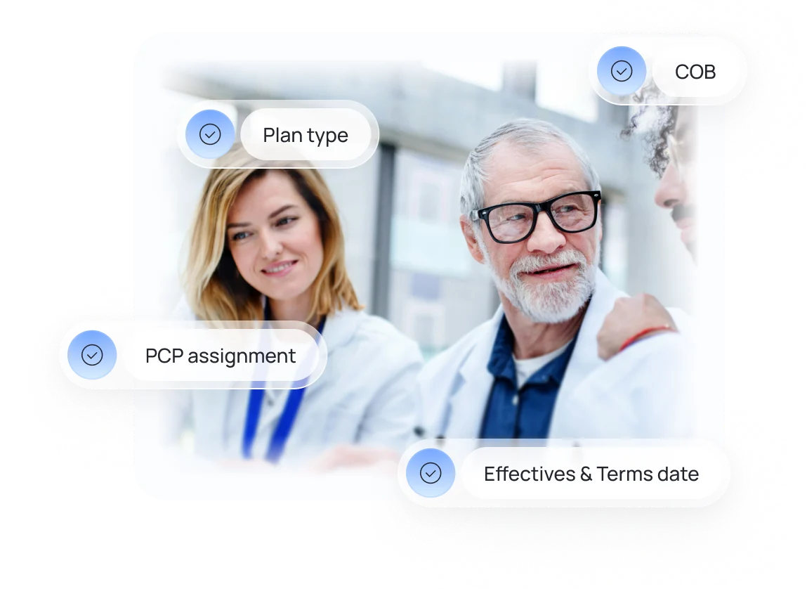 Three medical professionals wearing white coats conversing, with labels for Plan type, COB, PCP assignment, and Effectives & Terms date.