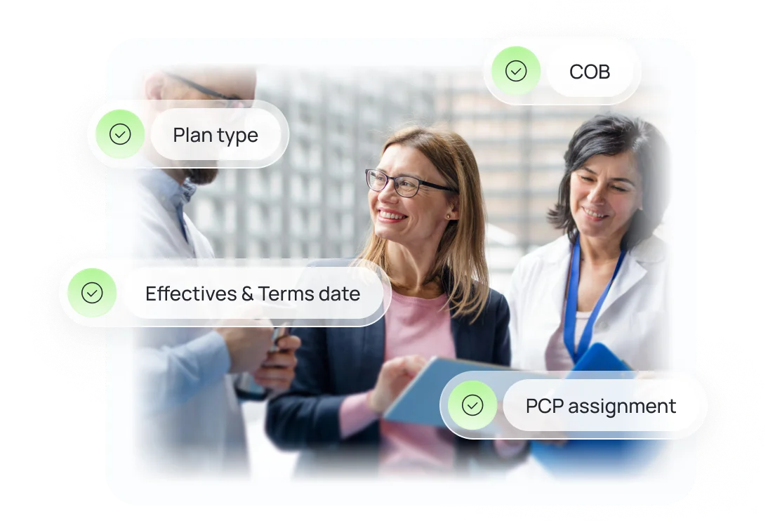 Three healthcare professionals discussing with digital labels showing Plan type, COB, Effectives & Terms date, and PCP assignment with check marks.