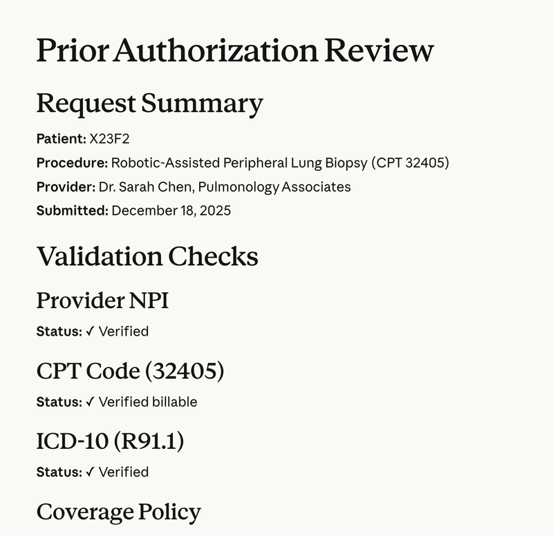 Screenshot of the Claude for Healthcare AI assistant interface: Prior Auth Automation
