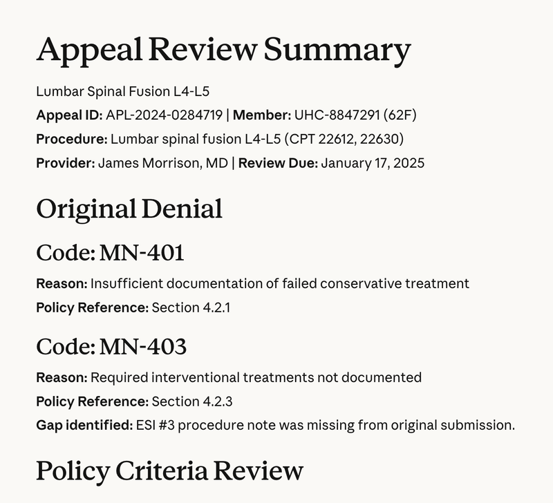 Screenshot of the Claude for Healthcare AI assistant interface: Insurance Claims Appeals